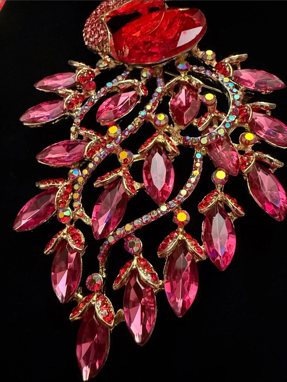 Pink Crystal Peacock Brooch - iridescent Red & Pink Statement occasion brooch